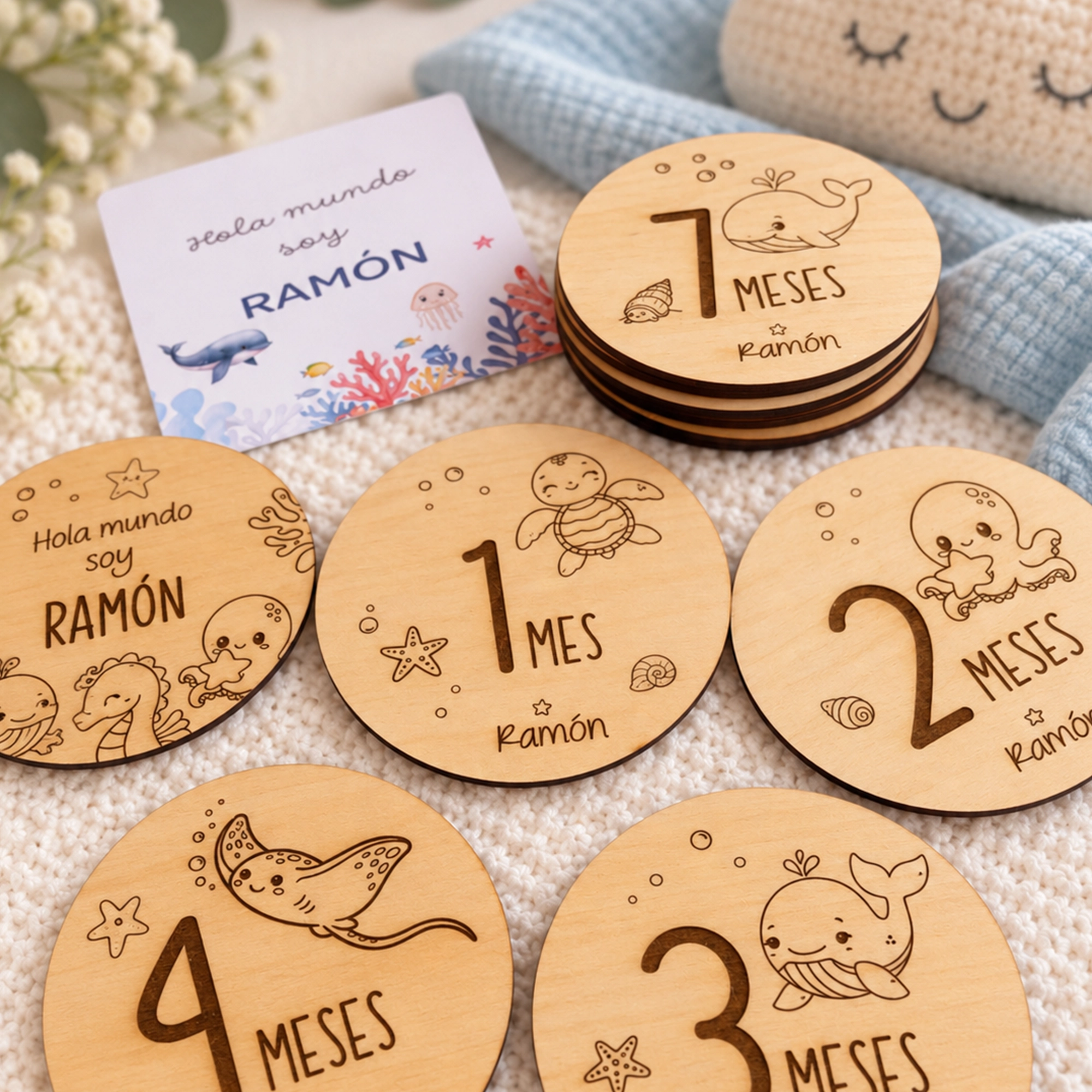 mar Placa de cumplemeses personalizadas para bebé – Colección Marina - Regalo para futuros papás - Imagen 1