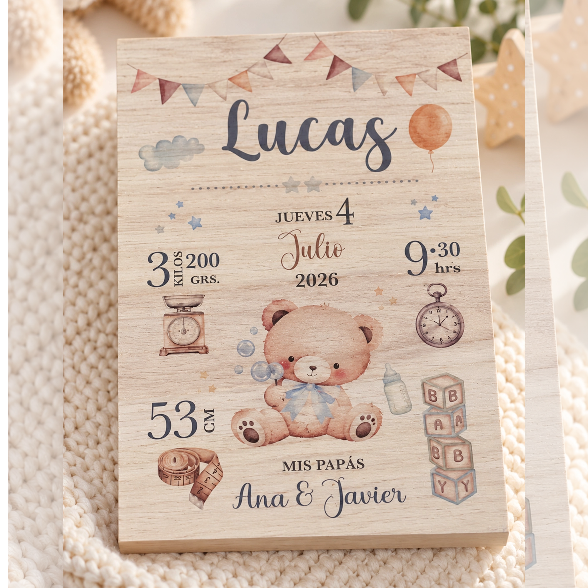 osito madera Natalicio de madera personalizado para bebé - Imagen 1